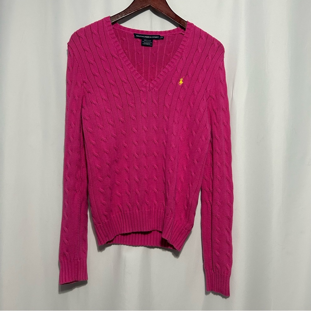 Ralph Lauren Sports Womens V Neck Cable Knit Sweater Pink Size Large Cotton VTG